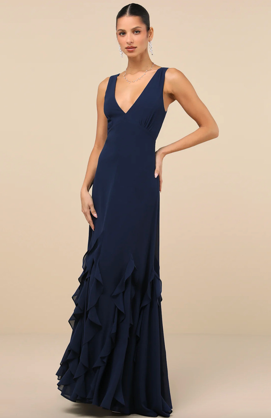 Lulus Alorna Dark Navy Sleeveless Ruffled Maxi Dress Formal Chiffon XS NWT